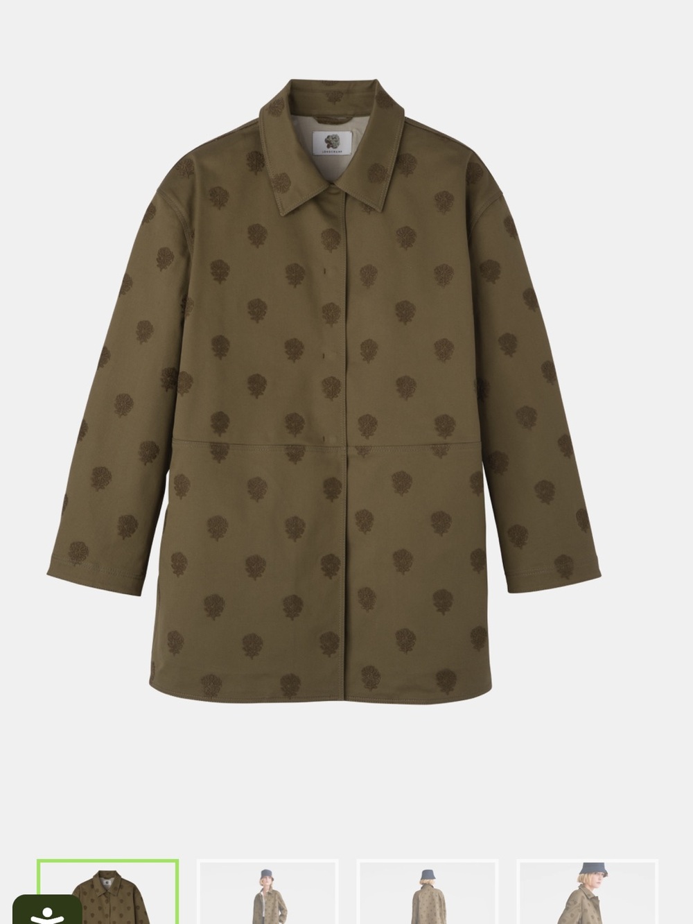 Longchamp large artichoke coat Olive Green Embroidered gabardine